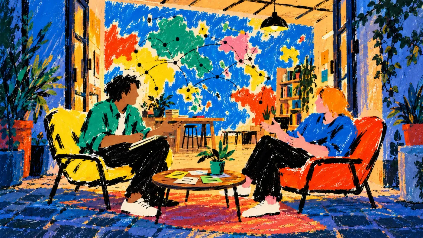 Inside Le bureau des intros: two people talking in armchairs, a map of the world on the wall.
